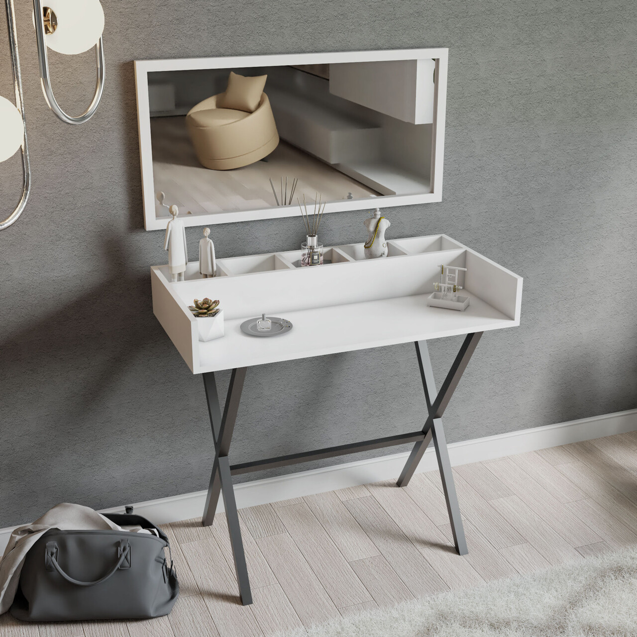 Masa de machiaj, Hanah Home, Atina, 100x91x50 cm, Alb/Negru - imagine 6